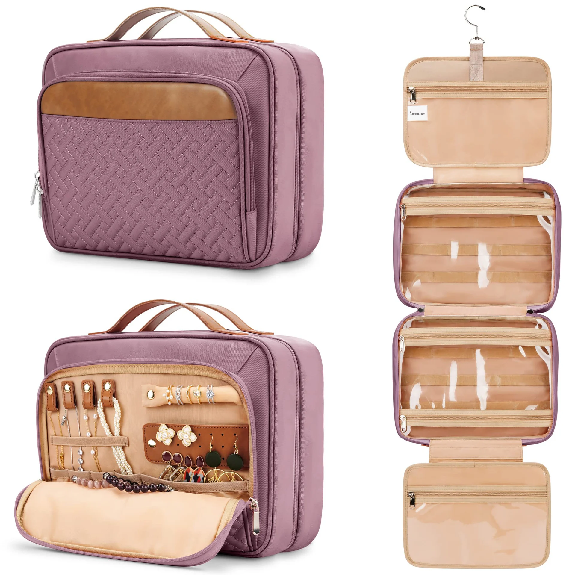 Guangzhou Fuliya Industry Co.,Ltd C-80942  Multi-color hanging toiletry bag, extra-large capacity for full-size bottles. Removable clear pocket and 360° hook. For travel, business trips, and daily use.