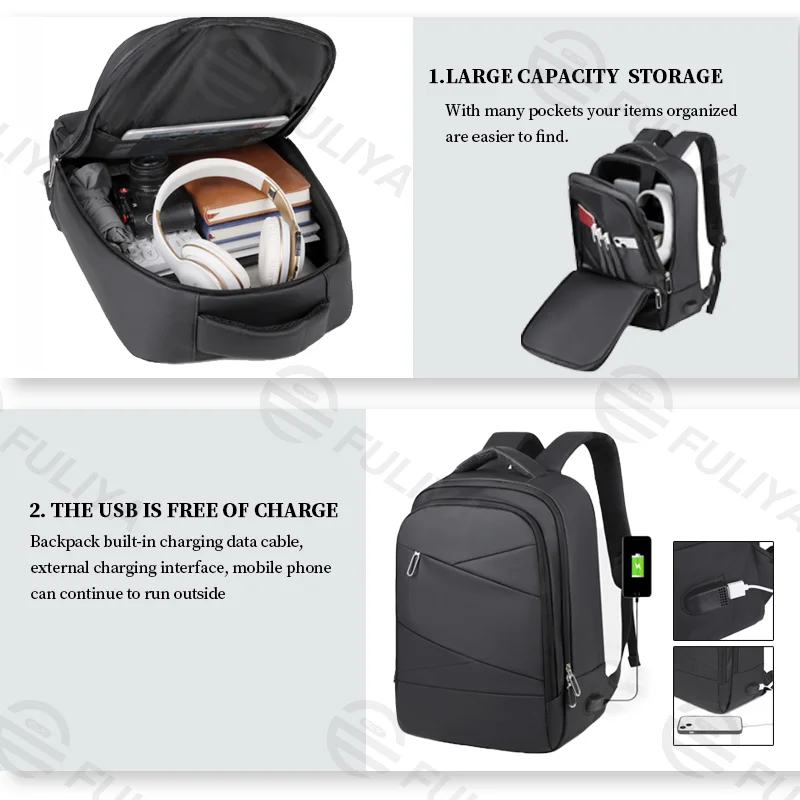 Guangzhou Fuliya Industry Co.,Ltd C-80943 Waterproof multi-functional backpack with laptop compartment, front pocket, and external USB port. Large-capacity multi-pocket storage. For unisex business, commuting, school, and travel.
