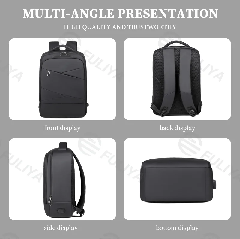 Guangzhou Fuliya Industry Co.,Ltd C-80943 Waterproof multi-functional backpack with laptop compartment, front pocket, and external USB port. Large-capacity multi-pocket storage. For unisex business, commuting, school, and travel.