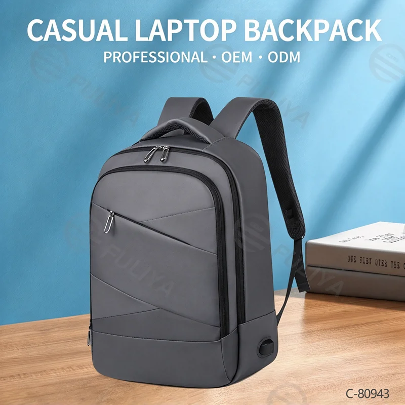 Guangzhou Fuliya Industry Co.,Ltd C-80943 Waterproof multi-functional backpack with laptop compartment, front pocket, and external USB port. Large-capacity multi-pocket storage. For unisex business, commuting, school, and travel.