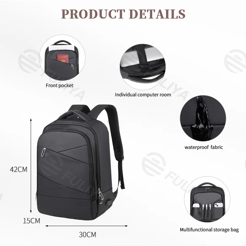 Guangzhou Fuliya Industry Co.,Ltd C-80943 Waterproof multi-functional backpack with laptop compartment, front pocket, and external USB port. Large-capacity multi-pocket storage. For unisex business, commuting, school, and travel.