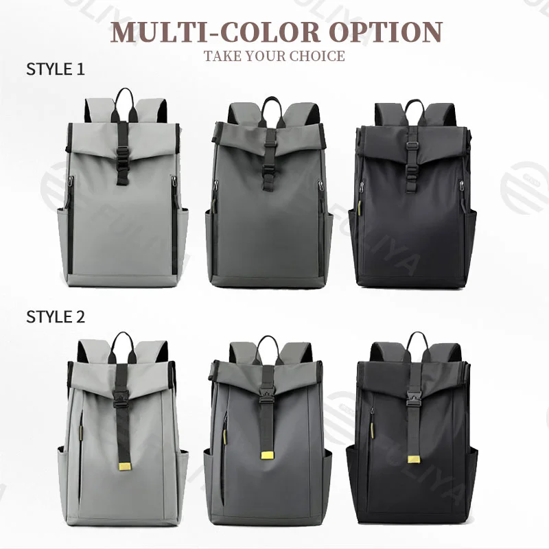 Guangzhou Fuliya Industry Co.,Ltd C-80944 Men's roll-top backpack with multi-layer large capacity . Features breathable shoulder straps and a trolley sleeve for easy carry. For business trips, short travel, and commuting.
