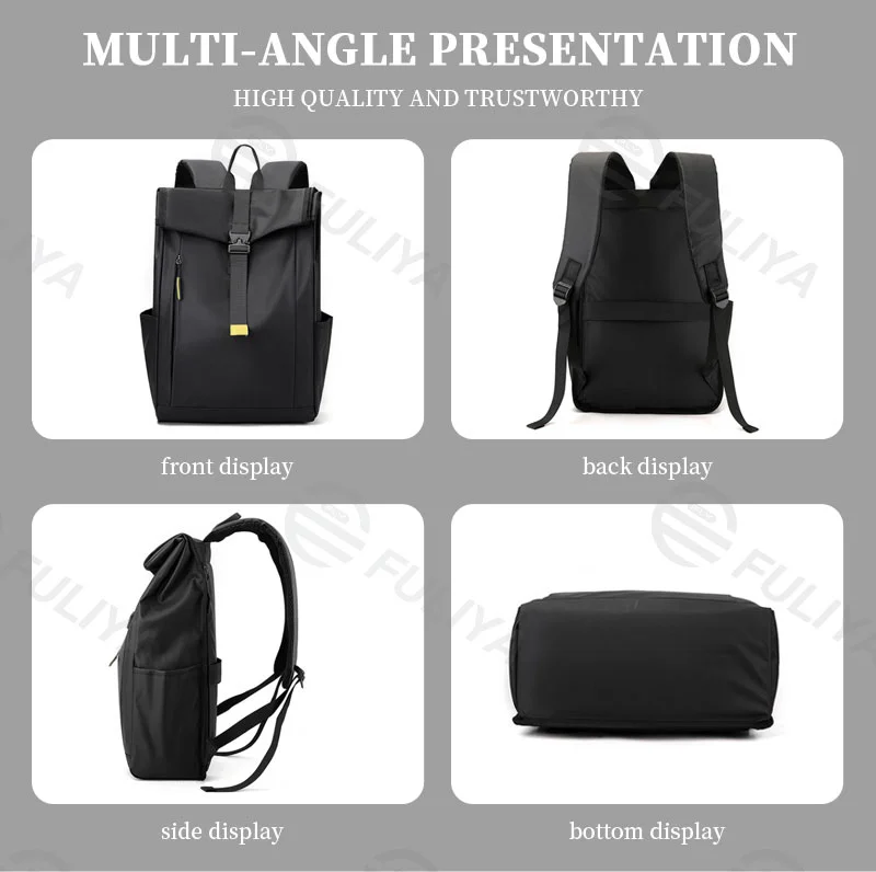 Guangzhou Fuliya Industry Co.,Ltd C-80944 Men's roll-top backpack with multi-layer large capacity . Features breathable shoulder straps and a trolley sleeve for easy carry. For business trips, short travel, and commuting.