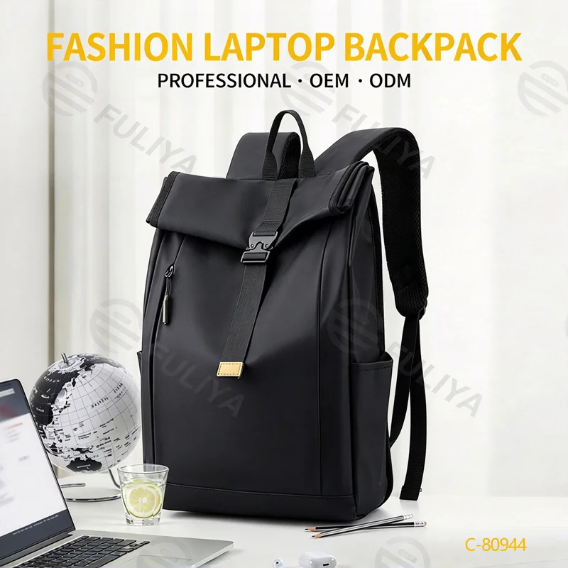 Guangzhou Fuliya Industry Co.,Ltd C-80944 Men's roll-top backpack with multi-layer large capacity . Features breathable shoulder straps and a trolley sleeve for easy carry. For business trips, short travel, and commuting.