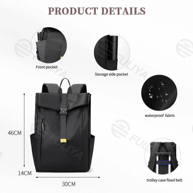 Guangzhou Fuliya Industry Co.,Ltd C-80944 Men's roll-top backpack with multi-layer large capacity . Features breathable shoulder straps and a trolley sleeve for easy carry. For business trips, short travel, and commuting.