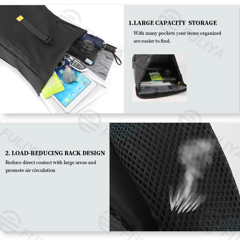 Guangzhou Fuliya Industry Co.,Ltd C-80944 Men's roll-top backpack with multi-layer large capacity . Features breathable shoulder straps and a trolley sleeve for easy carry. For business trips, short travel, and commuting.