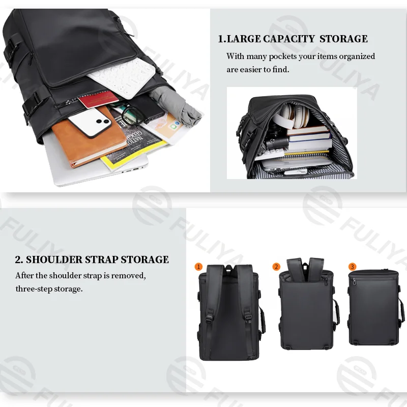 Guangzhou Fuliya Industry Co.,Ltd C-80945 Premium multi-functional business backpack, large-capacity multi-layer storage. Side opening, stowable straps convert to a crossbody. Lightweight & breathable for commuting and business trips.