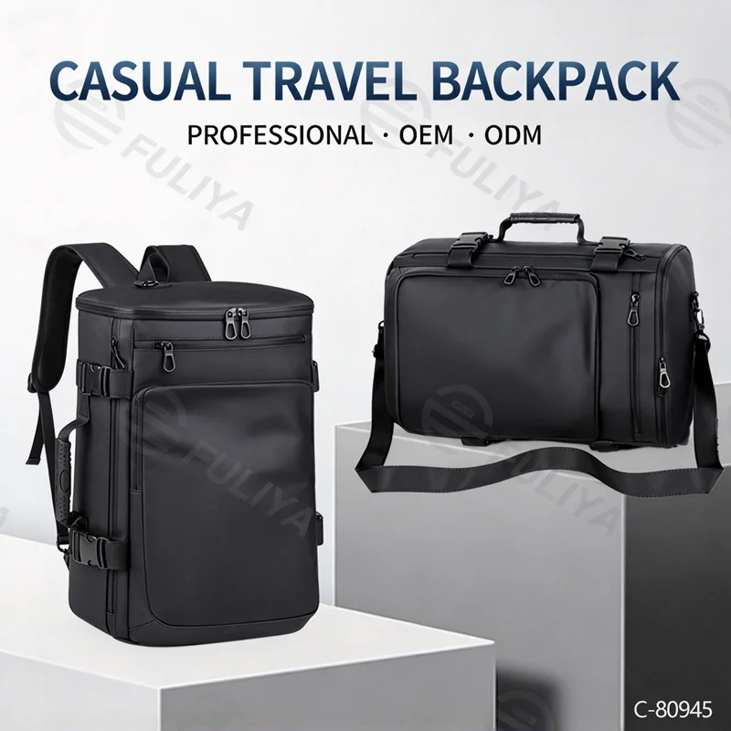 Guangzhou Fuliya Industry Co.,Ltd C-80945 Premium multi-functional business backpack, large-capacity multi-layer storage. Side opening, stowable straps convert to a crossbody. Lightweight & breathable for commuting and business trips.