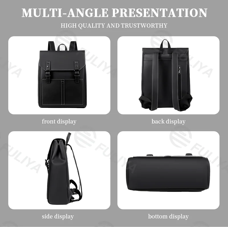 Guangzhou Fuliya Industry Co.,Ltd C-80946 Retro waterproof PU leather backpack with large multi-layer storage. Features double magnetic buckle flap and hidden back pocket. For school, office, and daily commute.