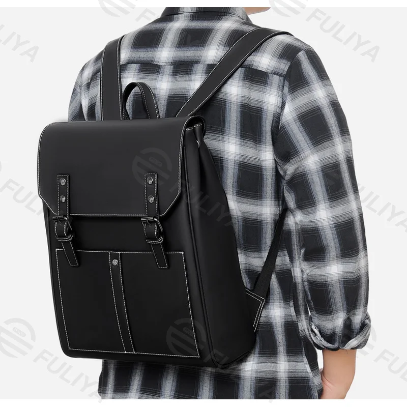 Guangzhou Fuliya Industry Co.,Ltd C-80946 Retro waterproof PU leather backpack with large multi-layer storage. Features double magnetic buckle flap and hidden back pocket. For school, office, and daily commute.