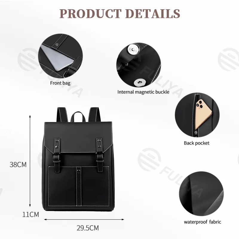 Guangzhou Fuliya Industry Co.,Ltd C-80946 Retro waterproof PU leather backpack with large multi-layer storage. Features double magnetic buckle flap and hidden back pocket. For school, office, and daily commute.