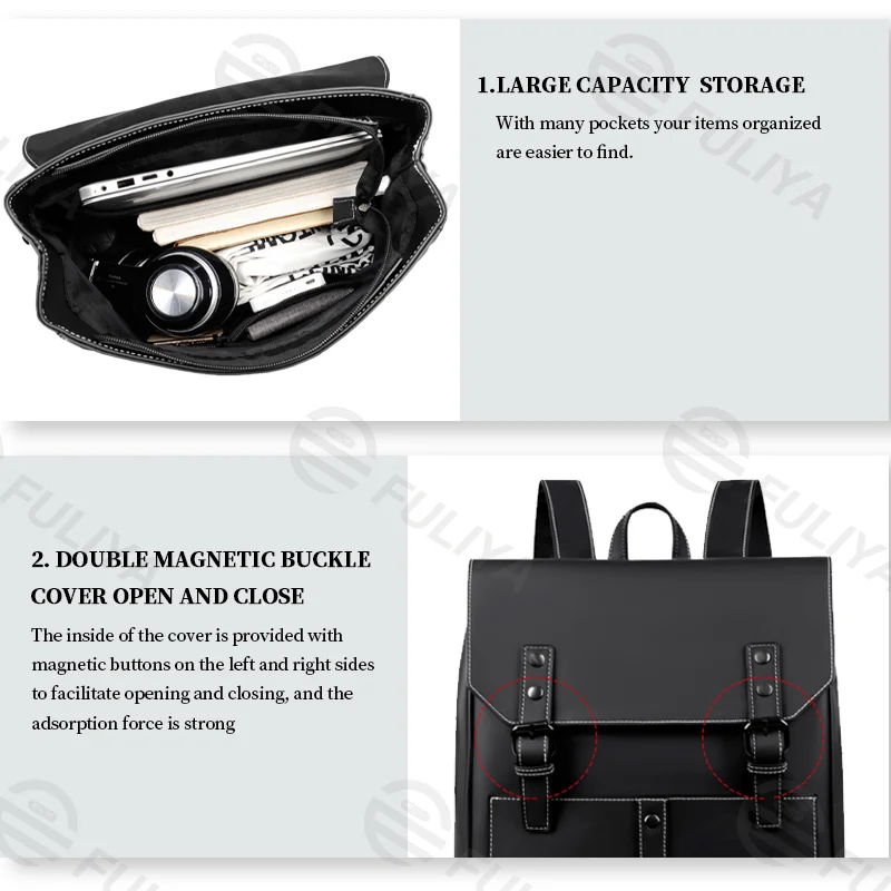 Guangzhou Fuliya Industry Co.,Ltd C-80946 Retro waterproof PU leather backpack with large multi-layer storage. Features double magnetic buckle flap and hidden back pocket. For school, office, and daily commute.
