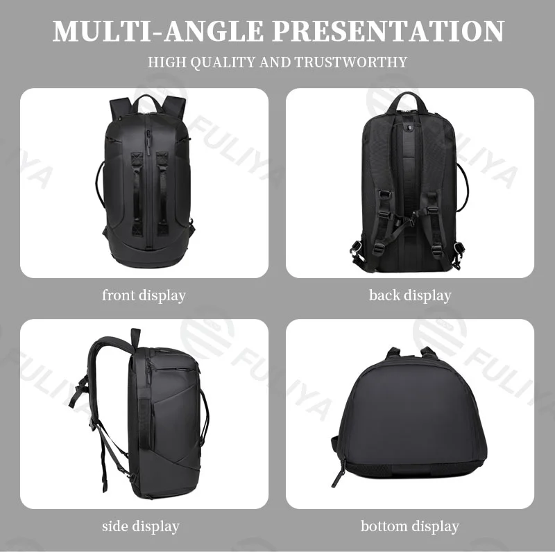 Guangzhou Fuliya Industry Co.,Ltd C-80947 Water-resistant multi-functional backpack with shoe compartment, laptop sleeve, and trolley belt. Backpack or hand carry. For travel, boarding, and commuting.