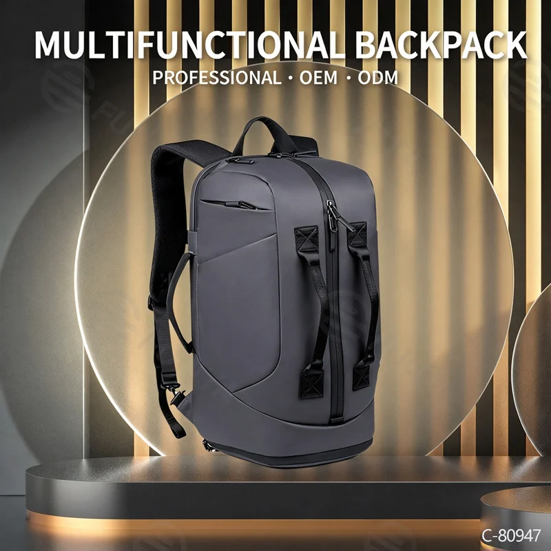 Guangzhou Fuliya Industry Co.,Ltd C-80947 Water-resistant multi-functional backpack with shoe compartment, laptop sleeve, and trolley belt. Backpack or hand carry. For travel, boarding, and commuting.