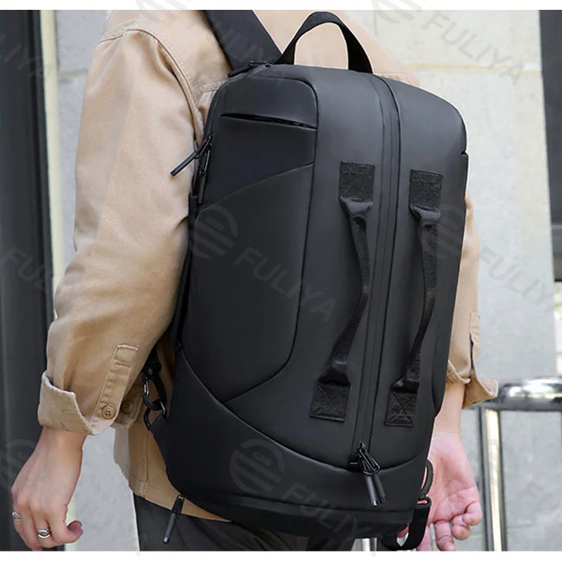 Guangzhou Fuliya Industry Co.,Ltd C-80947 Water-resistant multi-functional backpack with shoe compartment, laptop sleeve, and trolley belt. Backpack or hand carry. For travel, boarding, and commuting.