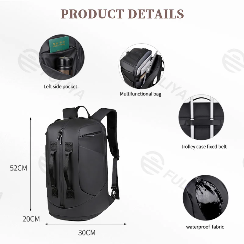 Guangzhou Fuliya Industry Co.,Ltd C-80947 Water-resistant multi-functional backpack with shoe compartment, laptop sleeve, and trolley belt. Backpack or hand carry. For travel, boarding, and commuting.