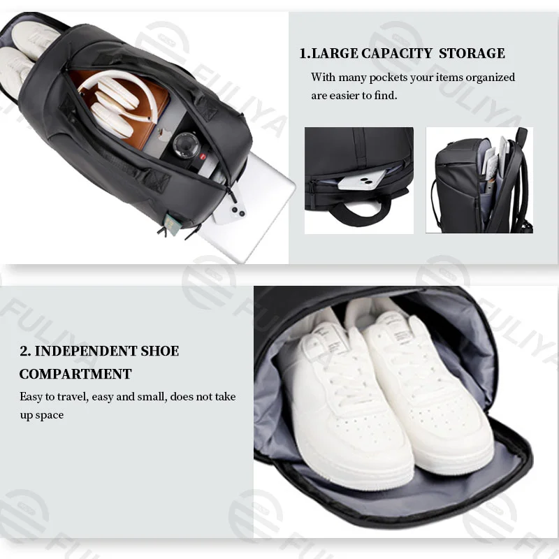 Guangzhou Fuliya Industry Co.,Ltd C-80947 Water-resistant multi-functional backpack with shoe compartment, laptop sleeve, and trolley belt. Backpack or hand carry. For travel, boarding, and commuting.