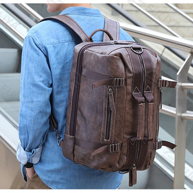 Guangzhou Fuliya Industry Co.,Ltd C-80948 Large-capacity PU leather backpack with laptop compartment. Stowable straps for backpack, hand, or crossbody carry. Adjustable buckles and comfort pads. For commuting, business, and travel.