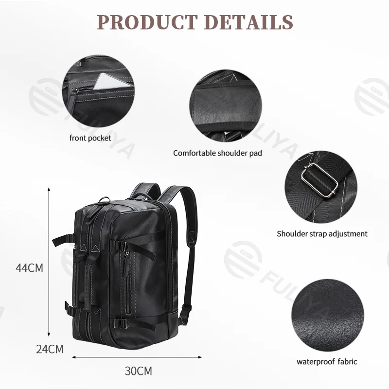 Guangzhou Fuliya Industry Co.,Ltd C-80948 Large-capacity PU leather backpack with laptop compartment. Stowable straps for backpack, hand, or crossbody carry. Adjustable buckles and comfort pads. For commuting, business, and travel.