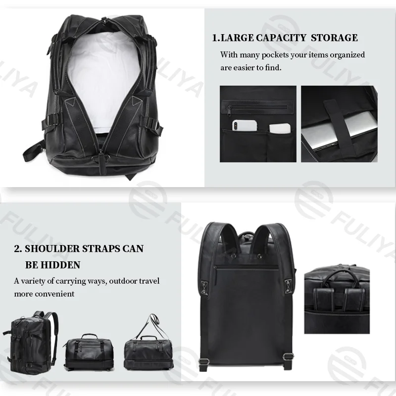 Guangzhou Fuliya Industry Co.,Ltd C-80948 Large-capacity PU leather backpack with laptop compartment. Stowable straps for backpack, hand, or crossbody carry. Adjustable buckles and comfort pads. For commuting, business, and travel.