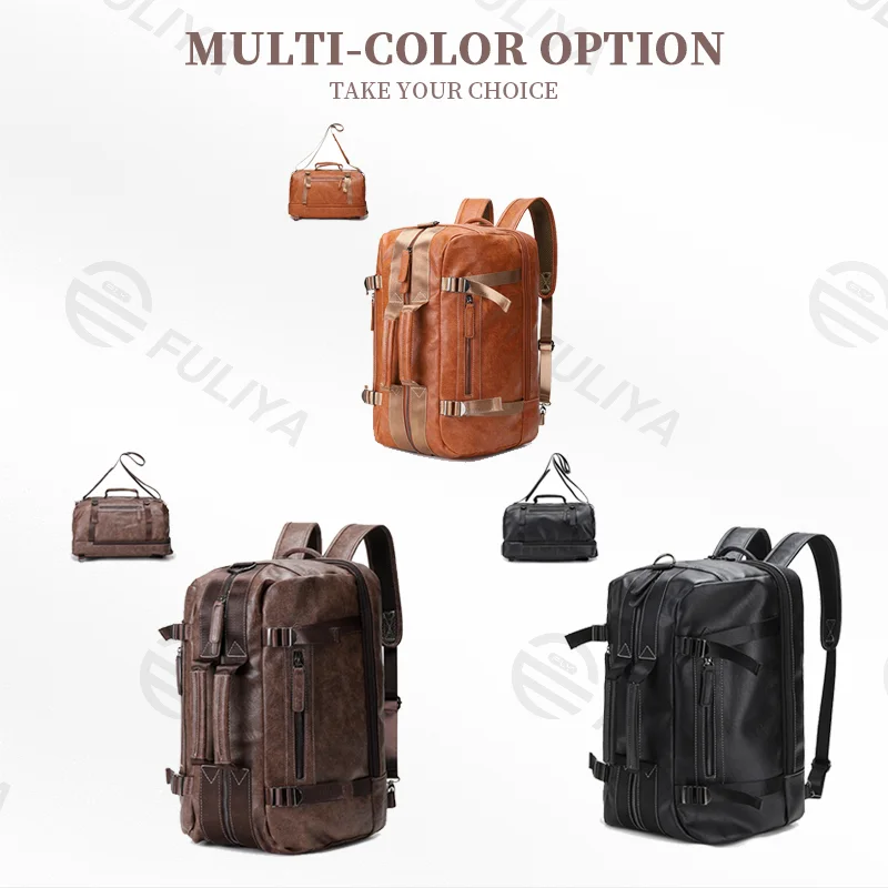Guangzhou Fuliya Industry Co.,Ltd C-80948 Large-capacity PU leather backpack with laptop compartment. Stowable straps for backpack, hand, or crossbody carry. Adjustable buckles and comfort pads. For commuting, business, and travel.