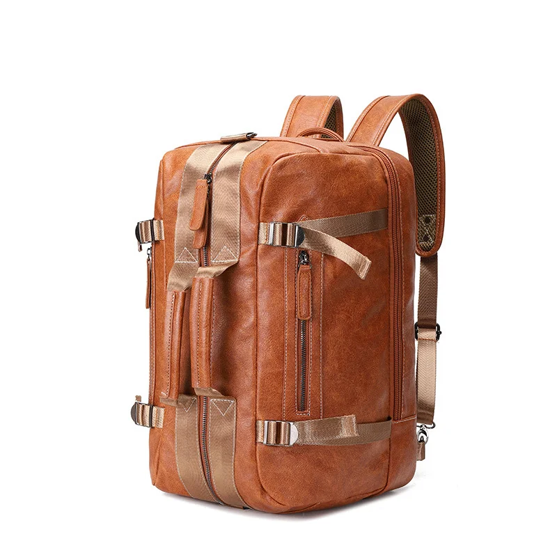 Guangzhou Fuliya Industry Co.,Ltd C-80948 Large-capacity PU leather backpack with laptop compartment. Stowable straps for backpack, hand, or crossbody carry. Adjustable buckles and comfort pads. For commuting, business, and travel.