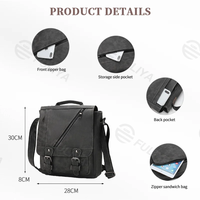 Guangzhou Fuliya Industry Co.,Ltd C-80949 Retro scratch & water-resistant shoulder bag with multi-compartment storage. Comfort pad, 3-way carry (shoulder/crossbody/hand). For commuting and daily use.