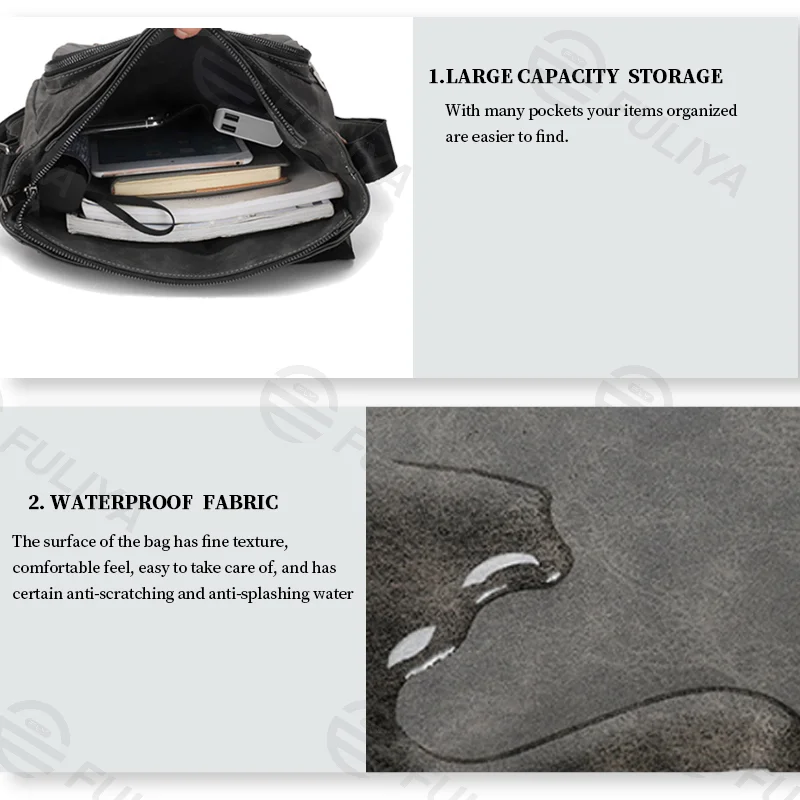 Guangzhou Fuliya Industry Co.,Ltd C-80949 Retro scratch & water-resistant shoulder bag with multi-compartment storage. Comfort pad, 3-way carry (shoulder/crossbody/hand). For commuting and daily use.