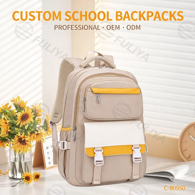 Guangzhou Fuliya Industry Co.,Ltd C-80950 Large-capacity water-resistant backpack with multi-layer zip pockets, side pockets, and trolley sleeve. Rainproof and durable. For junior high, high school, and college students.