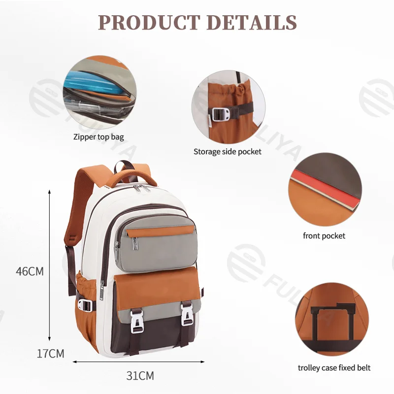 Guangzhou Fuliya Industry Co.,Ltd C-80950 Large-capacity water-resistant backpack with multi-layer zip pockets, side pockets, and trolley sleeve. Rainproof and durable. For junior high, high school, and college students.