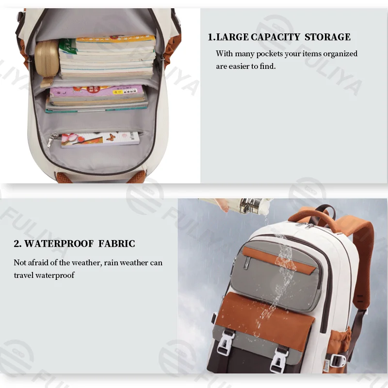 Guangzhou Fuliya Industry Co.,Ltd C-80950 Large-capacity water-resistant backpack with multi-layer zip pockets, side pockets, and trolley sleeve. Rainproof and durable. For junior high, high school, and college students.