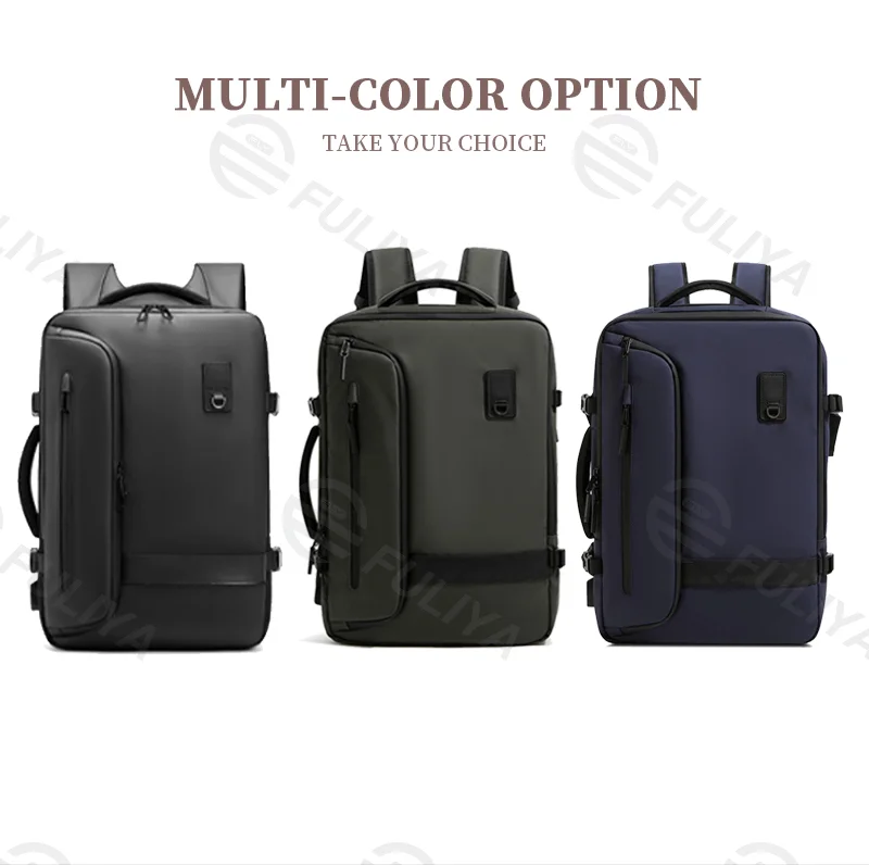 Guangzhou Fuliya Industry Co.,Ltd C-80953 Multi-functional vacuum-compression backpack, expandable 22L-45L . Water-resistant Oxford fabric, 15.6" laptop sleeve, 3D breathable pad, and USB port. For business trips and travel.