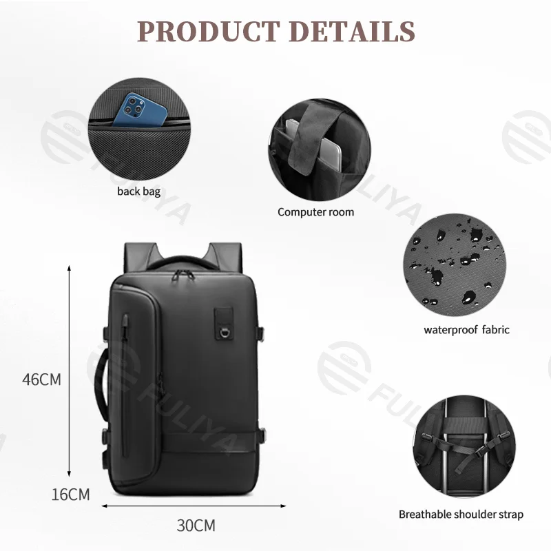 Guangzhou Fuliya Industry Co.,Ltd C-80953 Multi-functional vacuum-compression backpack, expandable 22L-45L . Water-resistant Oxford fabric, 15.6" laptop sleeve, 3D breathable pad, and USB port. For business trips and travel.