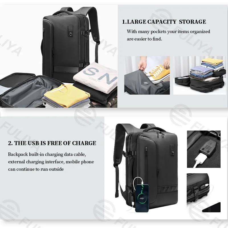 Guangzhou Fuliya Industry Co.,Ltd C-80953 Multi-functional vacuum-compression backpack, expandable 22L-45L . Water-resistant Oxford fabric, 15.6" laptop sleeve, 3D breathable pad, and USB port. For business trips and travel.