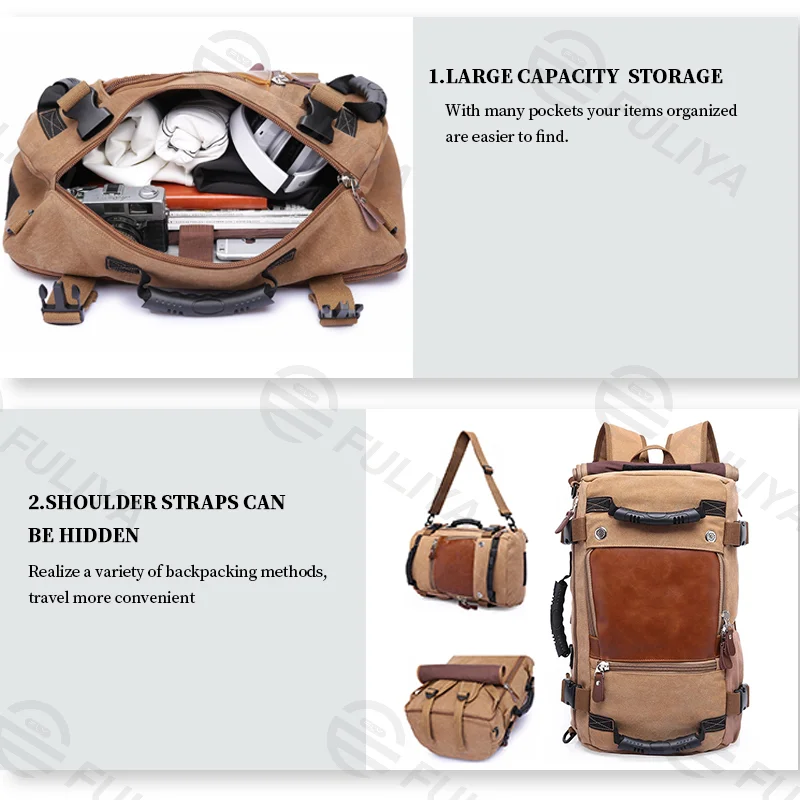 Guangzhou Fuliya Industry Co.,Ltd C-80959 Retro canvas multi-functional backpack, large capacity. 3-way carry (backpack, shoulder, hand). For casual travel and daily use.