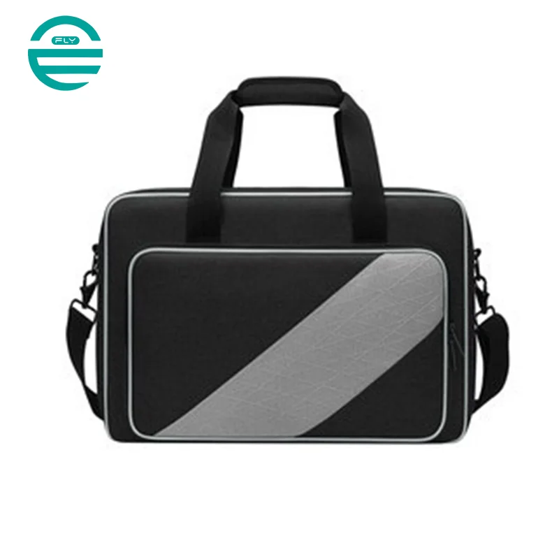 Guangzhou Fuliya Industry Co.,Ltd C-80978 Large-capacity PS5 storage bag with precise compartments. Features anti-slip pads, trolley sleeve, and hand/shoulder carry. Waterproof and portable. For gaming travel and daily storage.