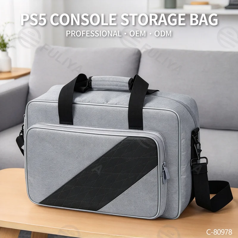 Guangzhou Fuliya Industry Co.,Ltd C-80978 Large-capacity PS5 storage bag with precise compartments. Features anti-slip pads, trolley sleeve, and hand/shoulder carry. Waterproof and portable. For gaming travel and daily storage.