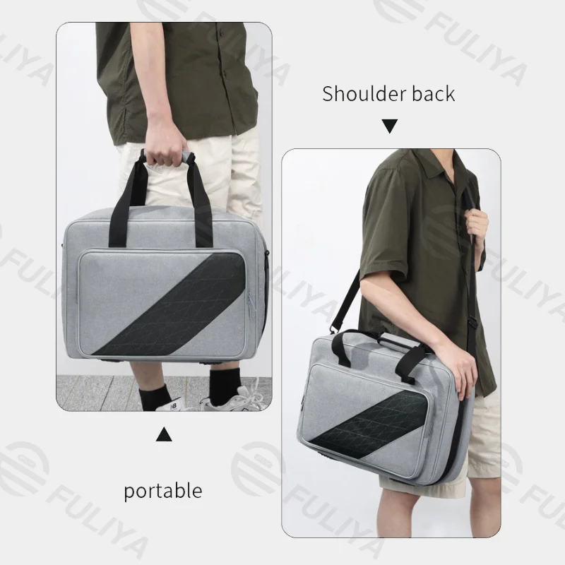 Guangzhou Fuliya Industry Co.,Ltd C-80978 Large-capacity PS5 storage bag with precise compartments. Features anti-slip pads, trolley sleeve, and hand/shoulder carry. Waterproof and portable. For gaming travel and daily storage.