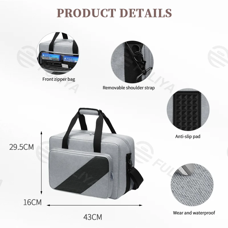 Guangzhou Fuliya Industry Co.,Ltd C-80978 Large-capacity PS5 storage bag with precise compartments. Features anti-slip pads, trolley sleeve, and hand/shoulder carry. Waterproof and portable. For gaming travel and daily storage.