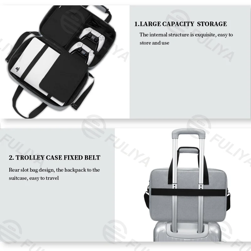 Guangzhou Fuliya Industry Co.,Ltd C-80978 Large-capacity PS5 storage bag with precise compartments. Features anti-slip pads, trolley sleeve, and hand/shoulder carry. Waterproof and portable. For gaming travel and daily storage.