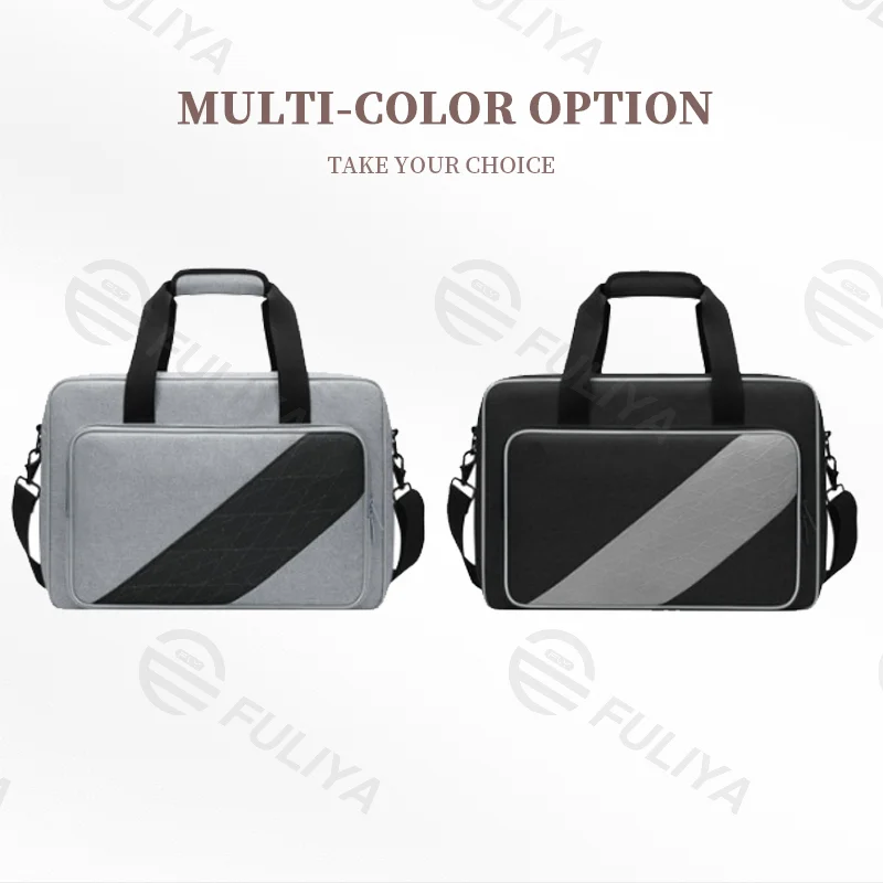 Guangzhou Fuliya Industry Co.,Ltd C-80978 Large-capacity PS5 storage bag with precise compartments. Features anti-slip pads, trolley sleeve, and hand/shoulder carry. Waterproof and portable. For gaming travel and daily storage.