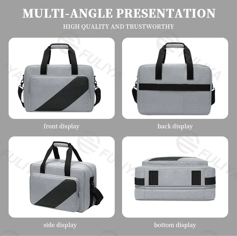 Guangzhou Fuliya Industry Co.,Ltd C-80978 Large-capacity PS5 storage bag with precise compartments. Features anti-slip pads, trolley sleeve, and hand/shoulder carry. Waterproof and portable. For gaming travel and daily storage.