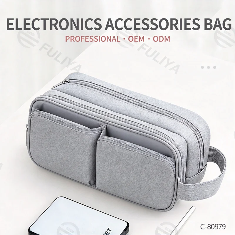 Guangzhou Fuliya Industry Co.,Ltd C-80979 Multi-functional digital accessory organizer (S/M/L). Flexible layout with Velcro dividers and mesh pockets, shockproof. Features a lanyard for carrying/hanging. For travel and daily organization.