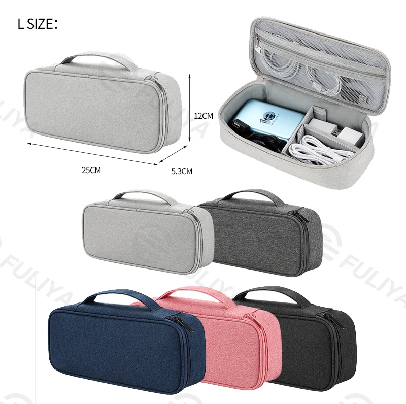 Guangzhou Fuliya Industry Co.,Ltd C-80979 Multi-functional digital accessory organizer (S/M/L). Flexible layout with Velcro dividers and mesh pockets, shockproof. Features a lanyard for carrying/hanging. For travel and daily organization.