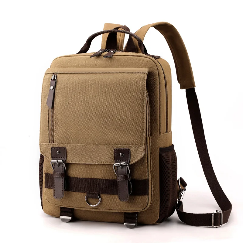 Guangzhou Fuliya Industry Co.,Ltd C-80986 Retro canvas multi-function backpack with large multi-layer storage. Zipper and hook straps support backpack, shoulder, hand carry, and left/right switching. For school, commuting, and travel.