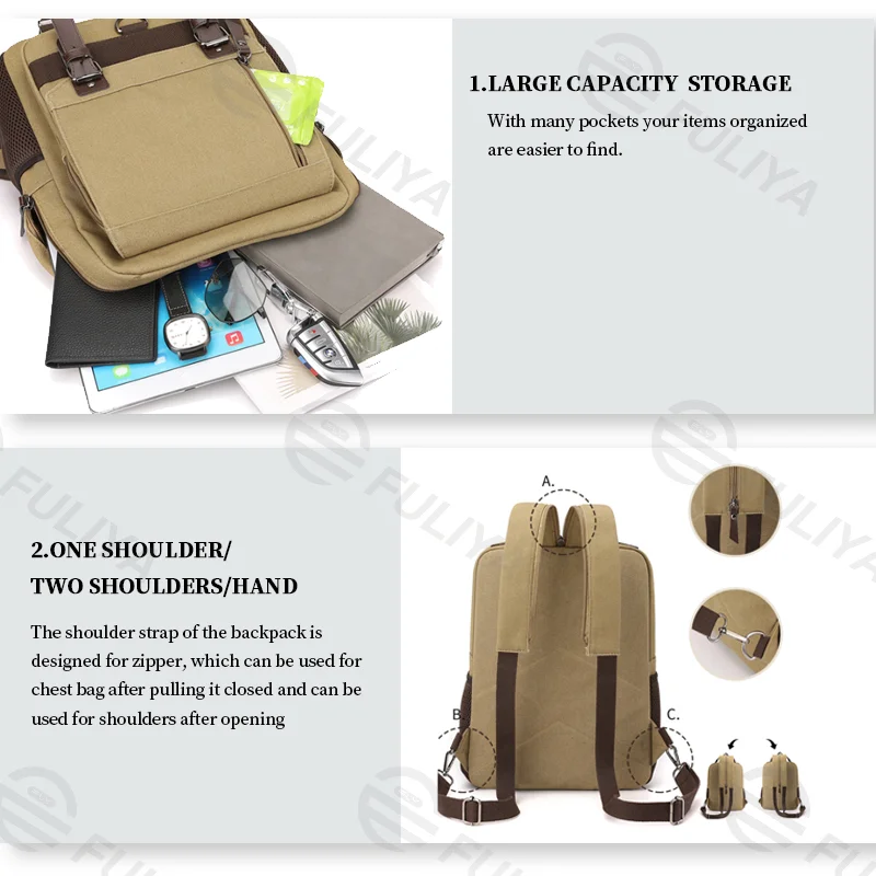 Guangzhou Fuliya Industry Co.,Ltd C-80986 Retro canvas multi-function backpack with large multi-layer storage. Zipper and hook straps support backpack, shoulder, hand carry, and left/right switching. For school, commuting, and travel.