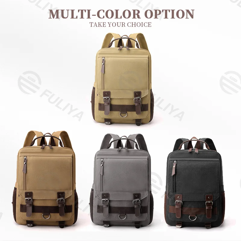 Guangzhou Fuliya Industry Co.,Ltd C-80986 Retro canvas multi-function backpack with large multi-layer storage. Zipper and hook straps support backpack, shoulder, hand carry, and left/right switching. For school, commuting, and travel.
