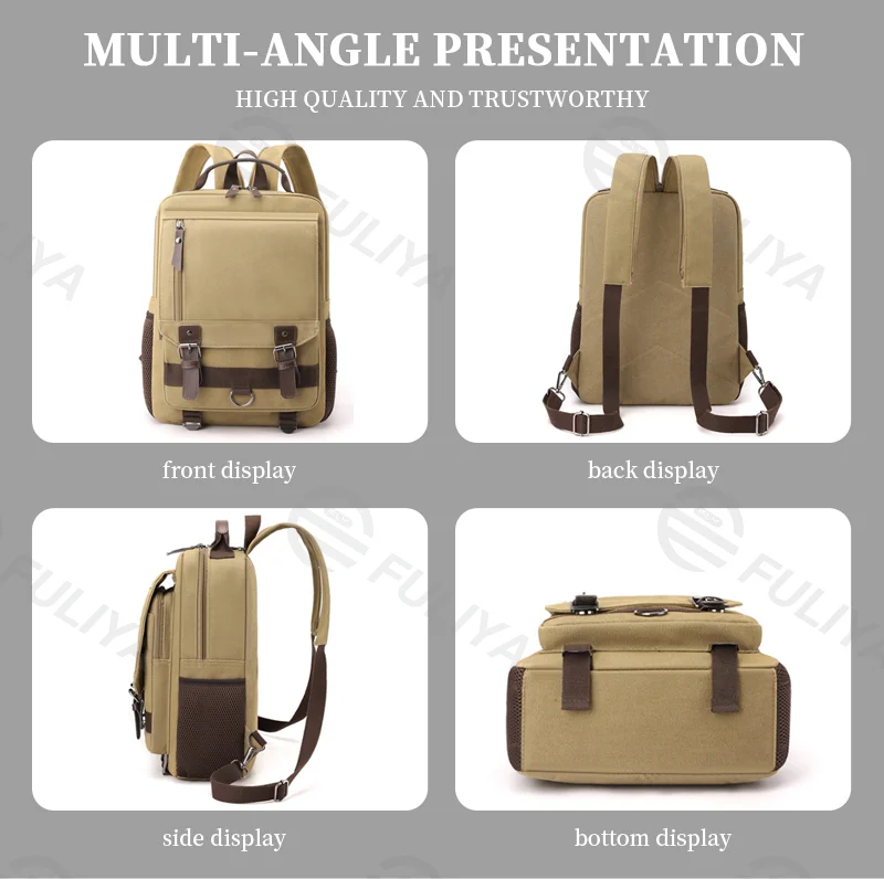 Guangzhou Fuliya Industry Co.,Ltd C-80986 Retro canvas multi-function backpack with large multi-layer storage. Zipper and hook straps support backpack, shoulder, hand carry, and left/right switching. For school, commuting, and travel.