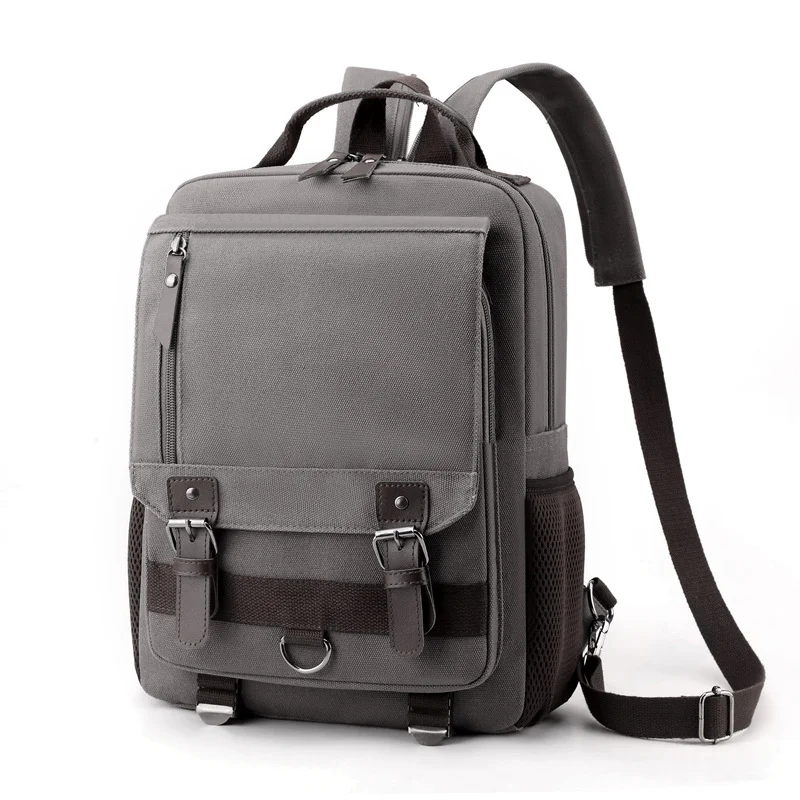 Guangzhou Fuliya Industry Co.,Ltd C-80986 Retro canvas multi-function backpack with large multi-layer storage. Zipper and hook straps support backpack, shoulder, hand carry, and left/right switching. For school, commuting, and travel.