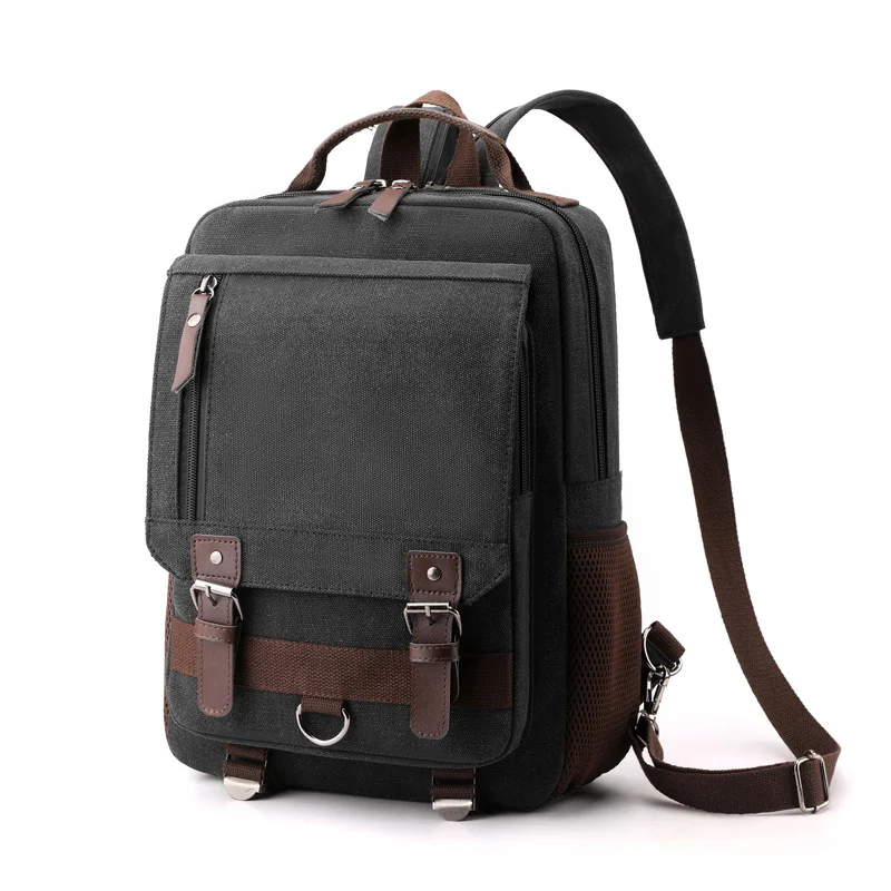 Guangzhou Fuliya Industry Co.,Ltd C-80986 Retro canvas multi-function backpack with large multi-layer storage. Zipper and hook straps support backpack, shoulder, hand carry, and left/right switching. For school, commuting, and travel.